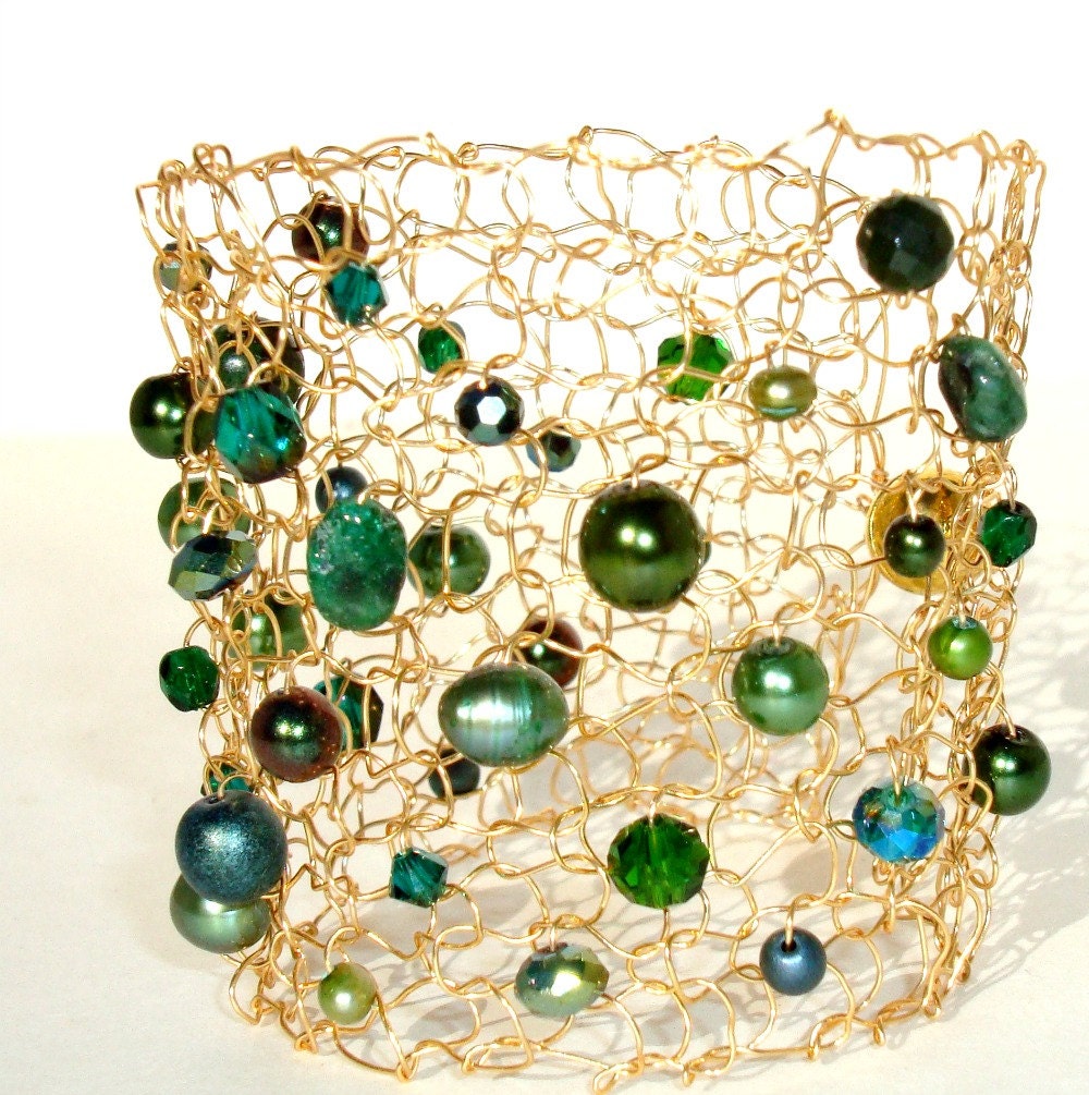 Emerald Green Cuff Bracelet Extra Wide Pearl & Crystal Gold Lace Wire Knit OOAK Artisan Exclusive Lapisbeach Arm Cuff peridot forest spruce