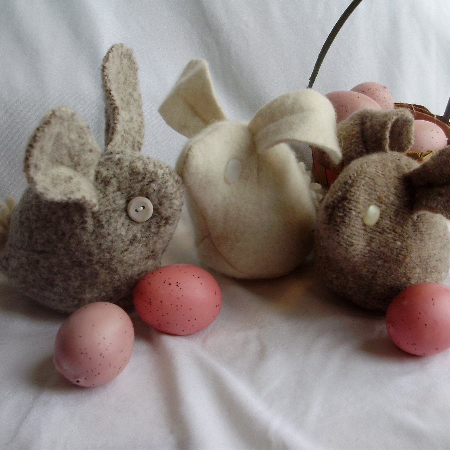 Three Natural Color Easter Bunnies made with Recycled Wool