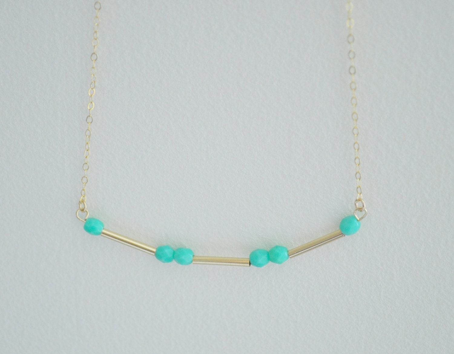 Turquoise & Gold Bar Necklace - blue glass beads gold filled skinny slender bar simple everday jewelry