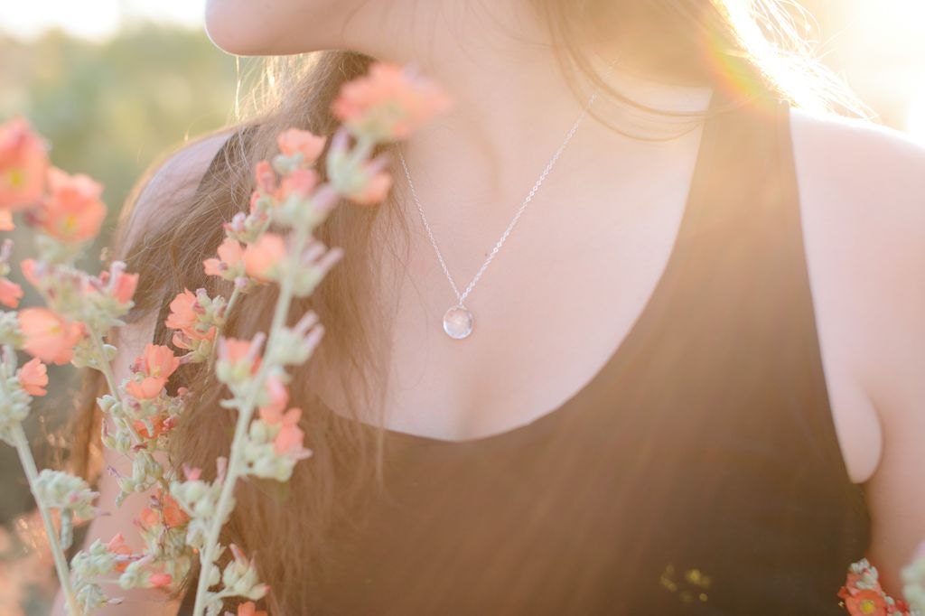 Crystal Quartz Necklace - round clear rock crystal quartz solitaire sterling silver necklace - simple wedding or everyday jewelry