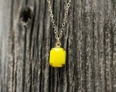 Yellow Pop Necklace - vintage glass rectangle pendant gold filled bold bright charm simple everyday jewelry - adenandclaire