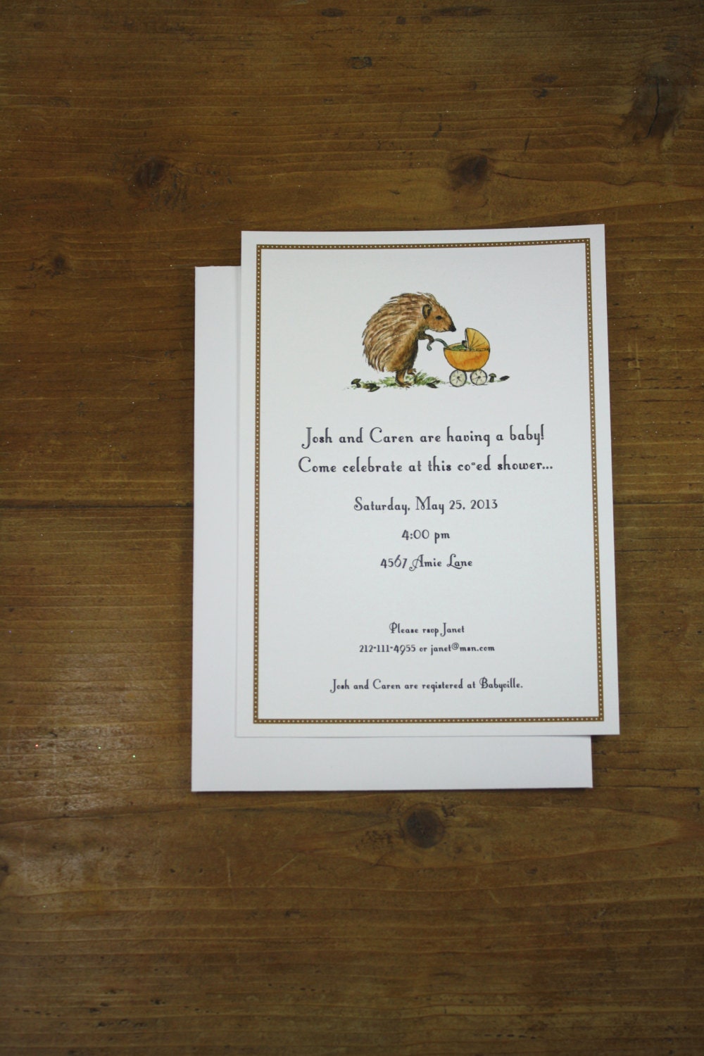 Hedgehog Invitation, with Baby for Shower or Birthday, Custom Invitation, Personalize Watercolor Print, Set of 10