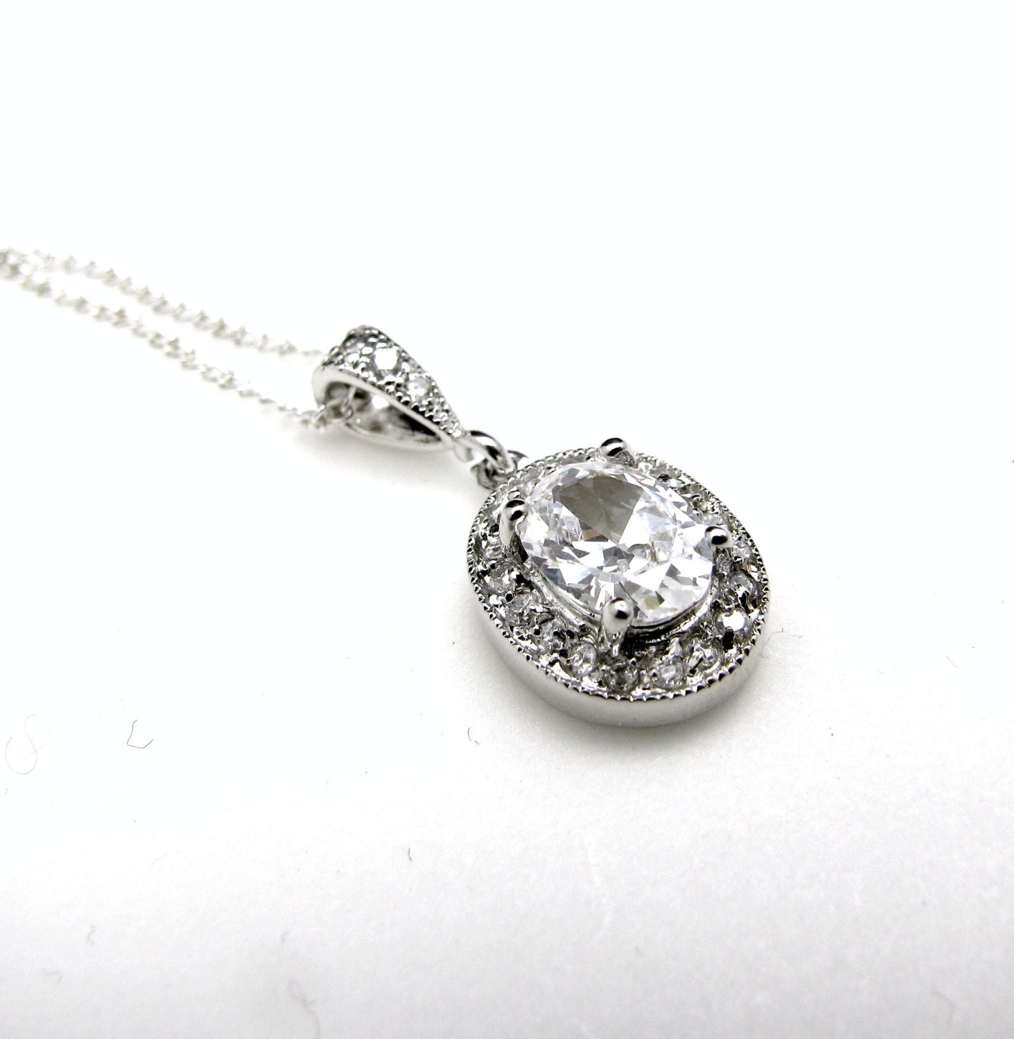 brial wedding Sterling silver chain with AAA cubic zirconia luxury oval drop pendant necklace - Free US shipping