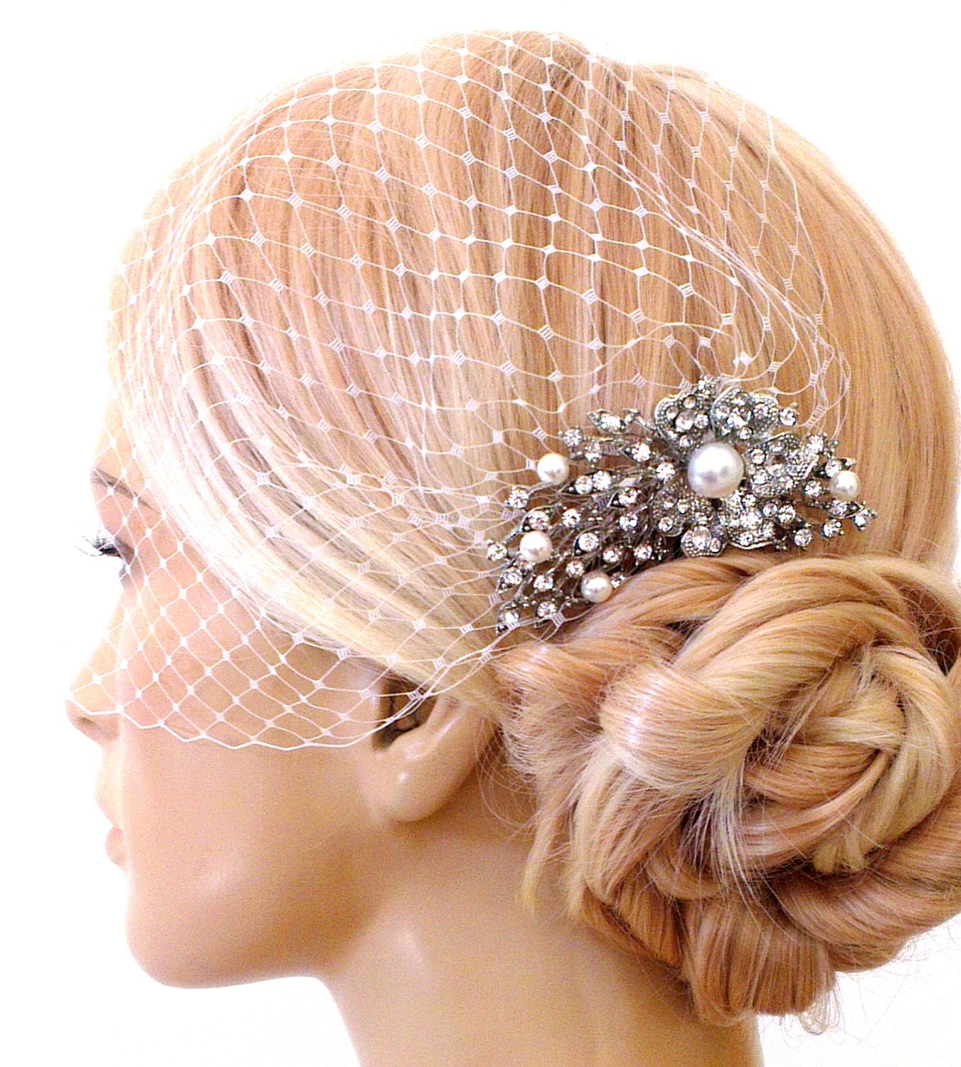 birdcage veil and a bridal comb (2 Items) -  Swarovski Pearls Comb,Wedding comb,bridal headpieces , rhinestone bridal Hair comb