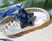 HANDMADE JEWELRY / Glass Star Pendant / Fused Glass Focal Bead / Metallic Blue, Teal & Magenta on a Free Fairy Ribbon
