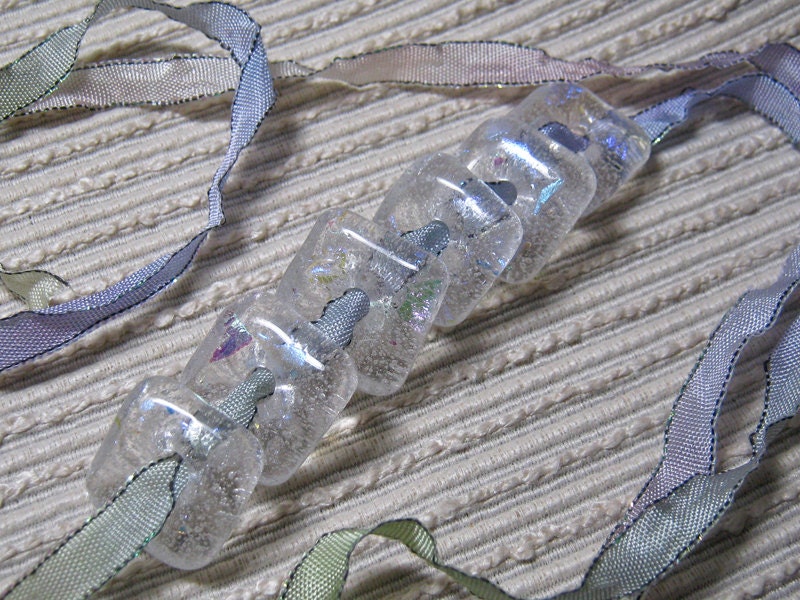 ARTBEADS / Handmade SQUARE Cast Glass Beads / Set of 6 / Clear Dichroic Glass Confetti / Jewelry Making Supplies
