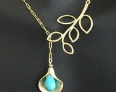 14K GF Lariat Style Leaf and Calla NECKLACE Turquoise teardrop by AnnTig, gift for birthday, mothers day, wedding