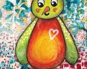 Janice - an original mixed media painting of a shy little bird - 5" x 7".