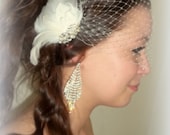 Bridal Fascinator and french net bandeau veil - 2 piece set  - feathered fascinator bridal hair clip, bridal wedding special occasion
