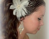 Feather Bridal Fascinator with French Net Bandeau Bridal Veil 2 piece set - white or ivory
