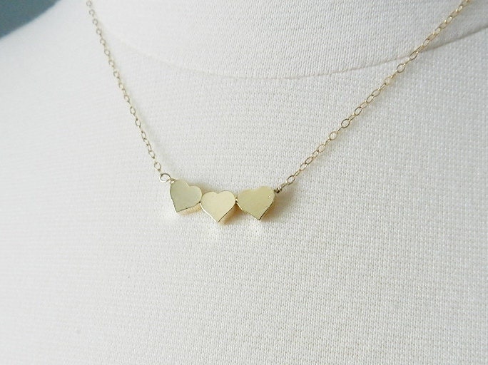 Tiny heart necklace, gold triple heart, sweet and simple jewelry