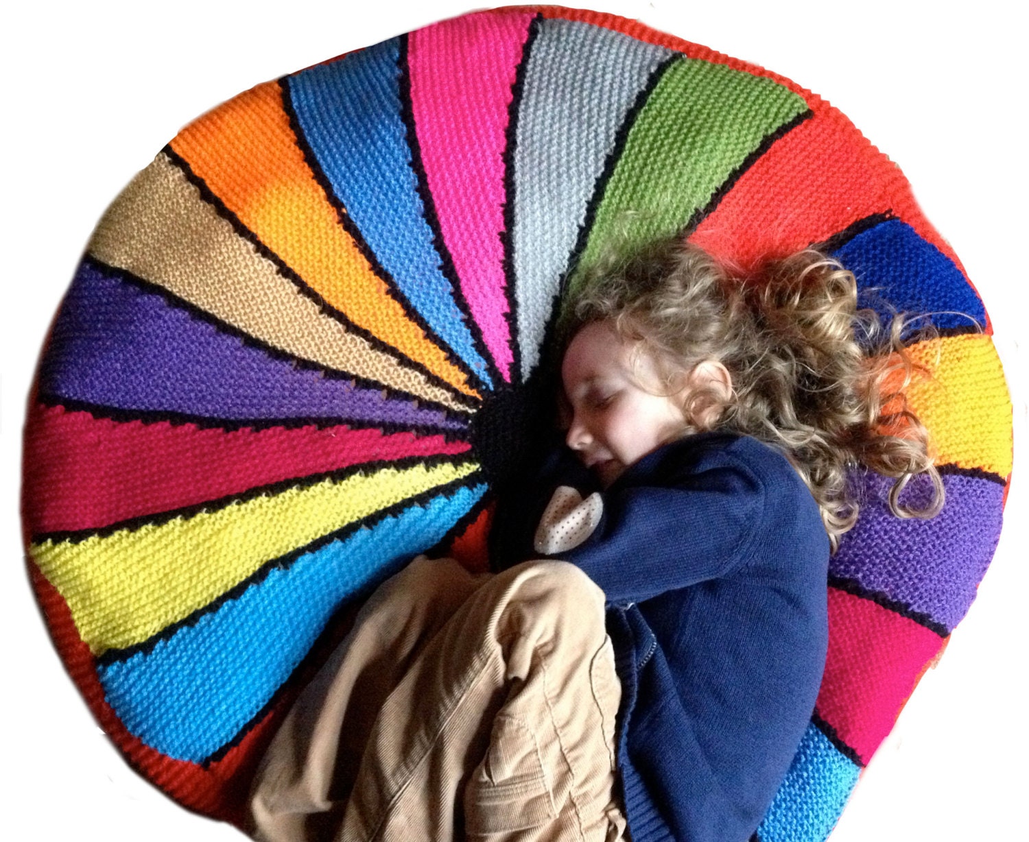 MAY 10% SALE Huge rainbow vintage style hand knitted bright multicoloured giant beanbag, large floor cushion, ottoman, foot stool, pouffe
