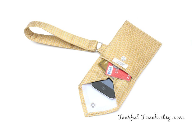 Recycled Men's Necktie Wristlet Golden Yellow Cell Phone Pouch (iPhone Samsung Blackberry Smartphone HTC Droid iTouch iPod MP3 Camera Case)