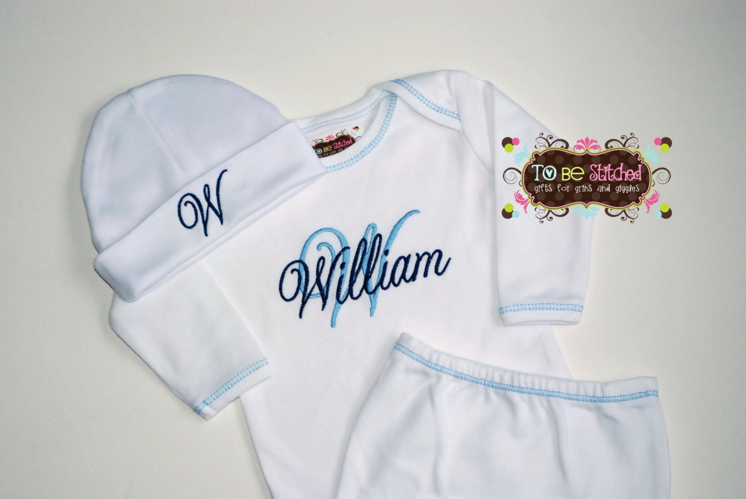 Layette Gown Monogrammed w/Name in Baby Blue & Navy
