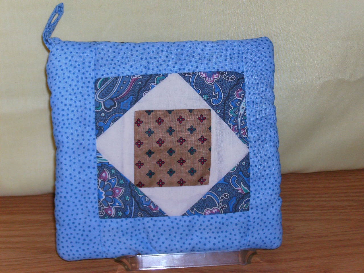 POT HOLDER-Patchwork  Square in Square Quilt Pattern, Blues and Tans,  Hand Made Tradition Pattern Cottage Decor Geometric, Farm House