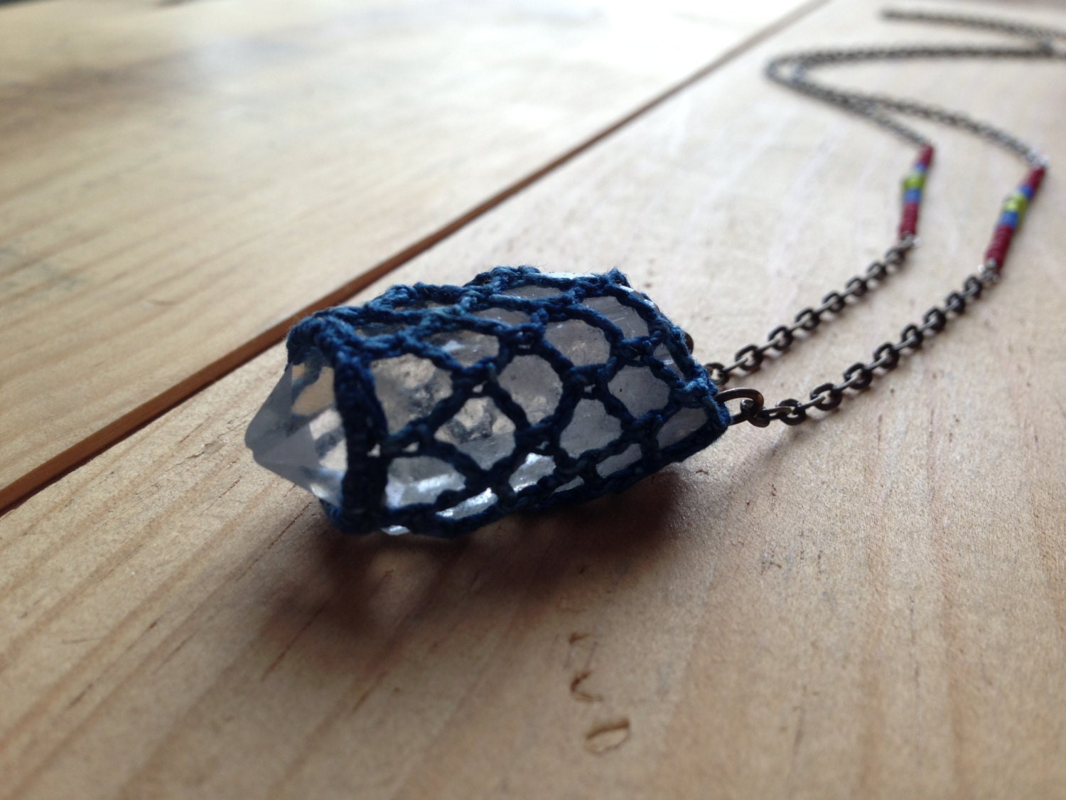 Quartz & Indigo: for healing, balance and cleansing- Quartz Crystal Hand Crocheted with Hand-dyed Indigo