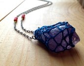 Amethyst & Indigo: promotes healing and happiness- Amethyst crystal hand crocheted with hand-dyed indigo