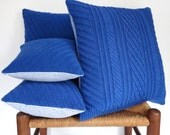 Blue Knit Cabled Pillow Cover Set Upcycled Sweater