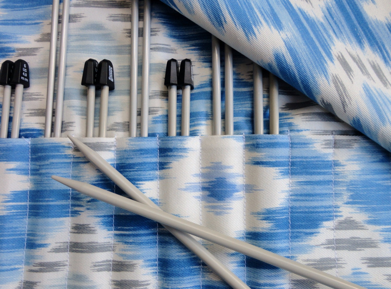 Knitting Needle Case Single Point Roll Blue Ikat Fabric