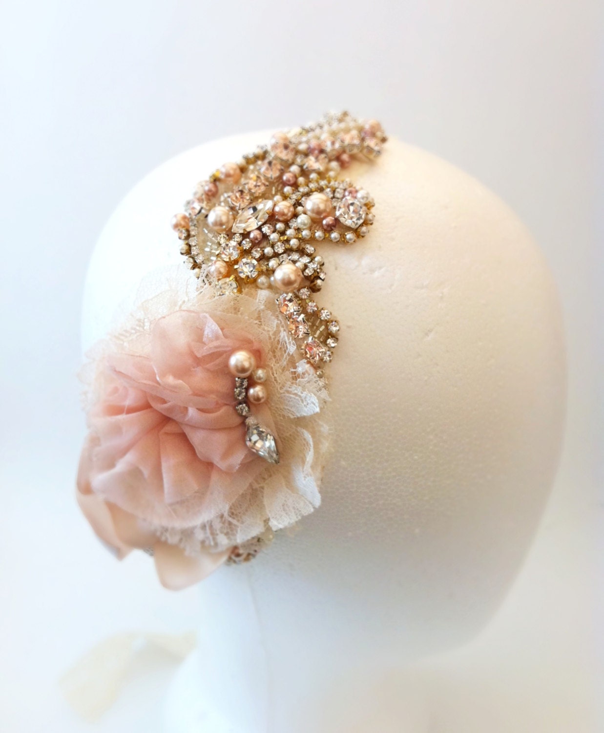 Dusty Rose Bridal Headband- Vintage Wedding- Swarovski Crystal Bridal Bandeau- One-of-a-Kind Hand-Beaded -Vintage Glamour- TheLUXE