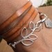 multi wrap camel flat leather bracelet with silver leaf connector and bird