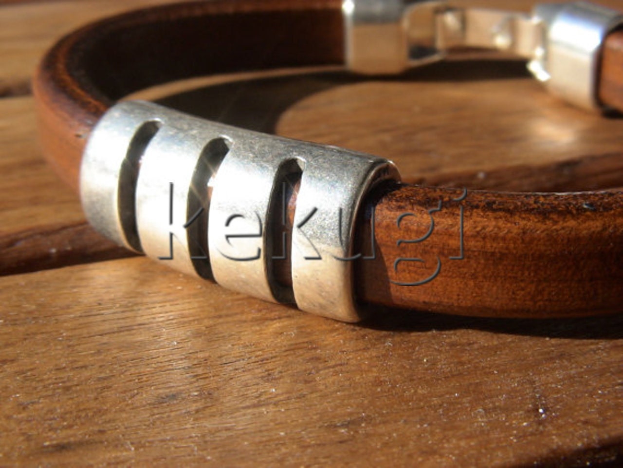 camel brown mens leather bracelet with sterling silver plated tube spacer
