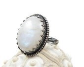 Gemstone metalwork ring , silver moonstone ring , sterling wedding  jewelry , vintage style jewelry , birthstone jewelry , adjustable ring