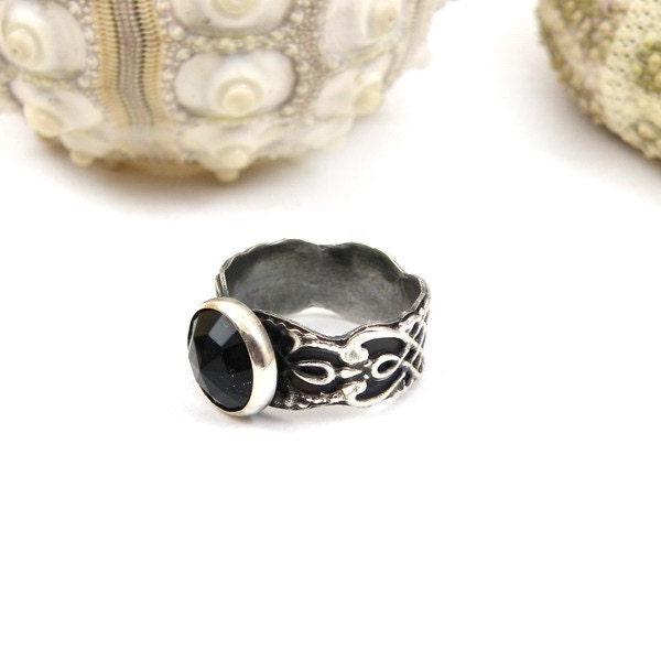Sterling silver ring , metalwork retro ring , black band , ornament band , metalwork gemstone jewelry