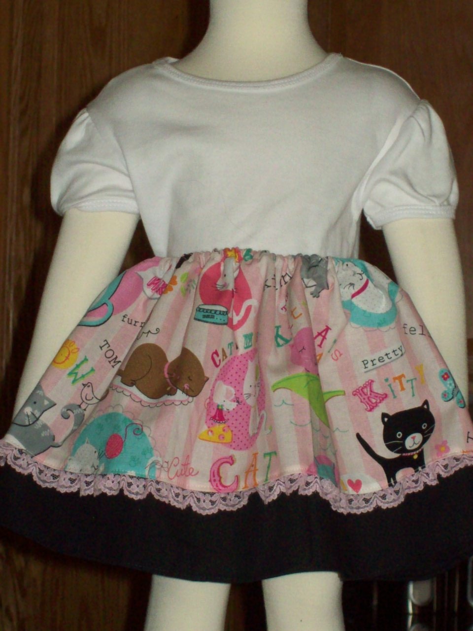 Girls Skirt, 2 Tier with Lace, Pink with Cats and Mice,  Twirl Skirt, Girls Size 2 - 7