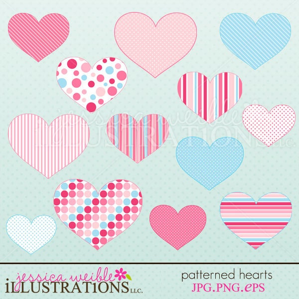 Patterned Valentine Hearts Cute Digital Clipart for Invitations, Card Design, Scrapbooking, and Web Design, Valentine Clipart Il_570xn