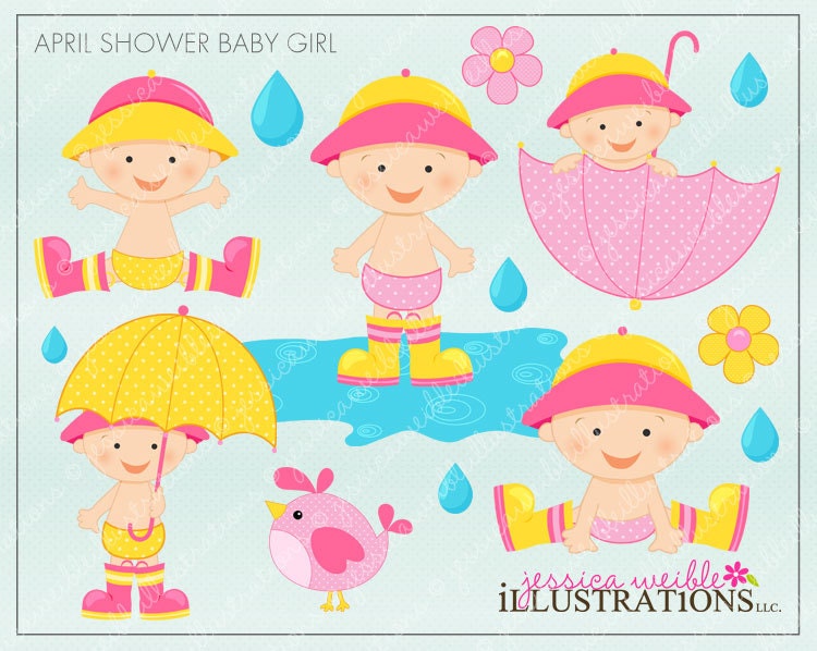 April Shower Baby Girl Cute Digital Clipart for Invitations, Card Design, Scrapbooking, and Web Design, Spring Clipart Il_570xn