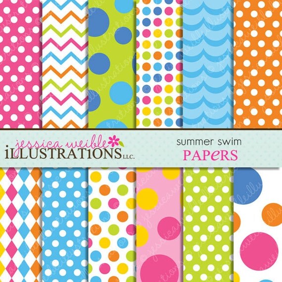 Summer Swim Cute Digital Papers Backgrounds for Invitations, Card Design, Scrapbooking, and Web Design Il_570xn