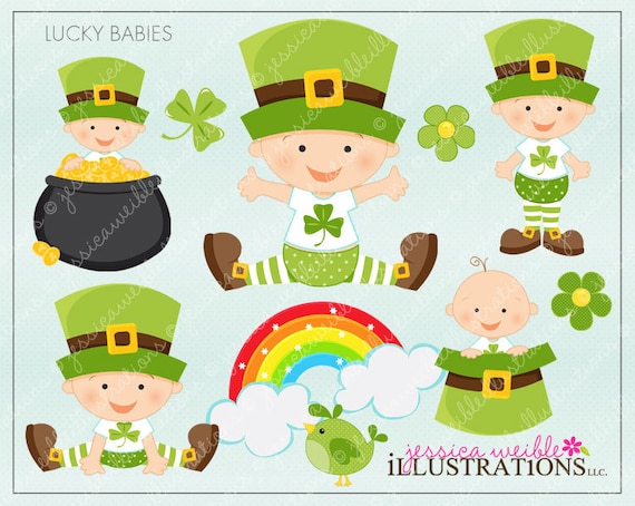 Lucky Babies Cute Digital Clipart for Invitations, Card Design, Scrapbooking, and Web Design, St Patricks Day Clipart Il_570xn