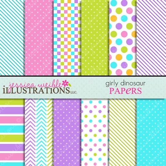 Girly Dinosaurs Cute Digital Papers Backgrounds for Invitations, Card Design, Scrapbooking, and Web Design Il_570xn