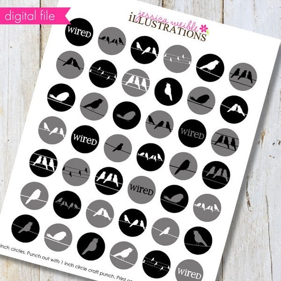 Bird on a Wire Theme Printable 1 inch Circle Collage Sheet, 1-inch Bottle Cap Circles, Digital File Il_570xn