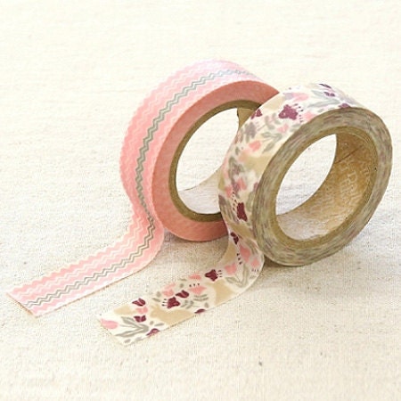 2 Set - Botanic Garden Zigzag Pink Rabbit Adhesive Masking Tapes (0.6in)