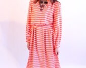 MIRANDA 70s Coral Candy Striped Geometric Silk Retro Button Up Belted Dress
