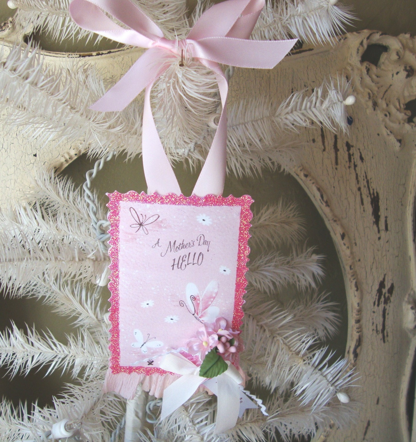 Gift tag for Mothers Day butterflies Shabby pink I love you mom Vintage Card Shabby Chic embellished tag with butterflies