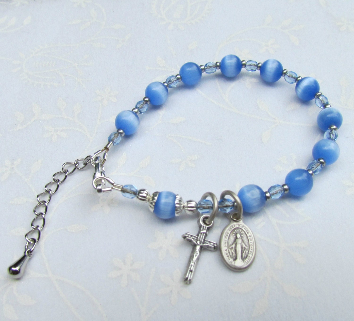 Small Rosary Bracelet with Blue Catseye beads and silver Miraculous Medal