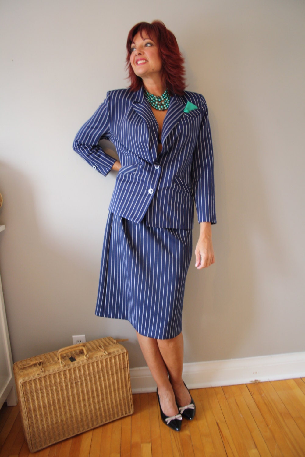 vintage plus size suit dress/ pinstripe gangster / navy blue white / burlesque nautical