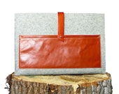 15 inch MacBook Pro Sleeve - Grey Wool Felt with Brown Leather Pocket and Strap - Laptop Case