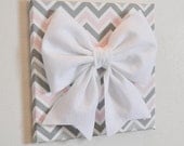 Wall Decor -Large White Bow on Pink and Gray Chevron 12 x12" Canvas Wall Art- Baby Nursery Wall Decor-