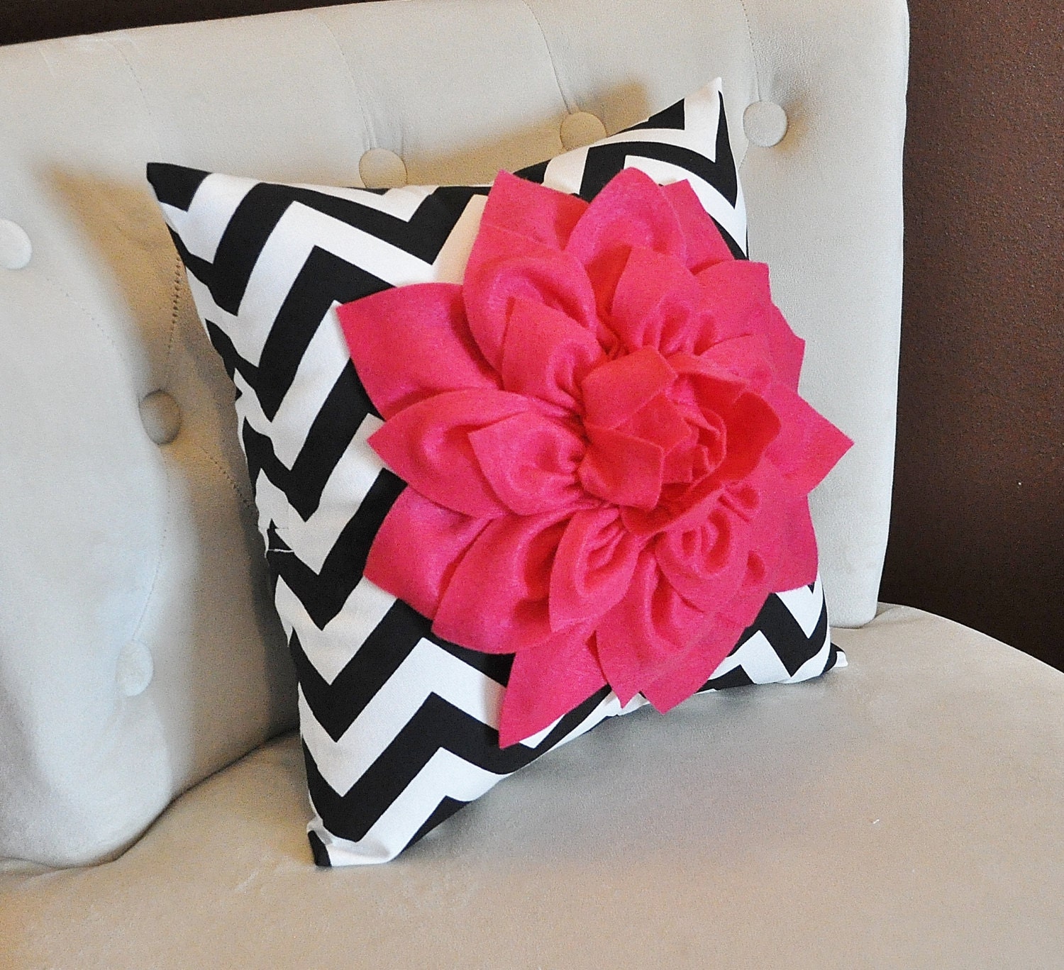 Chevron Pillow Hot Pink Dahlia on Black and White Zig Zag Pillow 16 x 16