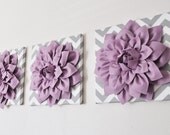 Wall Art -SET OF THREE Lilac Dahlia on Gray and White Chevron 12 x12" Canvas Wall Art- 3D Felt Flower