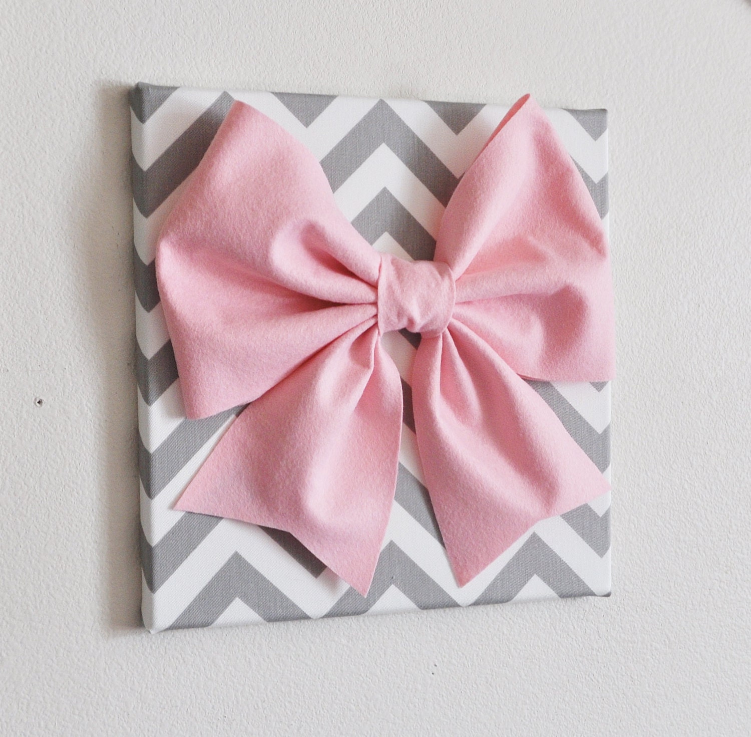 Large Light Pink Bow on Gray and White Chevron 12 x12" Canvas Wall Art- Baby Nursery Wall Decor- Zig Zag