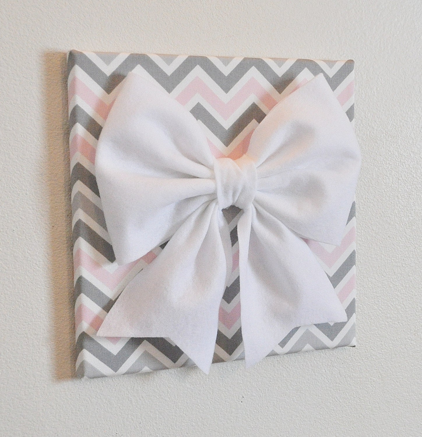 Wall Decor -Large White Bow on Pink and Gray Chevron 12 x12" Canvas Wall Art- Baby Nursery Wall Decor-