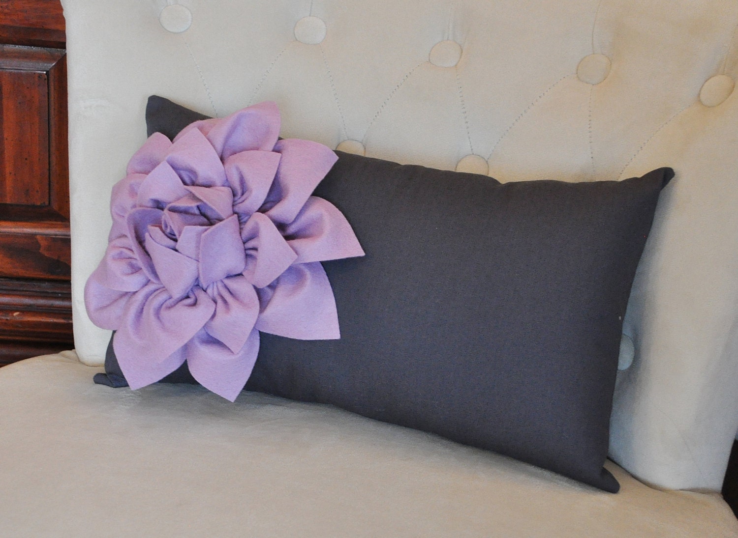 Charcoal Lumbar Pillow Lilac Dahila on Dark Gray Lumbar Pillow 9 x 16