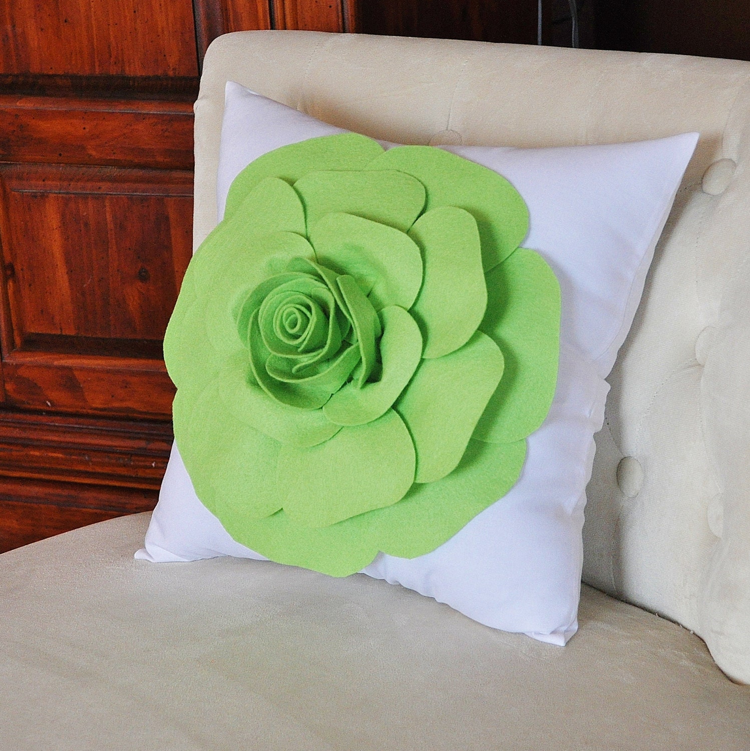 Chartreuse Green Throw Pillow Green Rose on White Accent Pillow