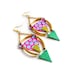 Watermelon Leather Earrings, Geometric Brass Jewelry, Blue Dots and Neon Pink Triangle