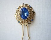 Blue Hair Pin Pearl Vintage Rhinestone Gold